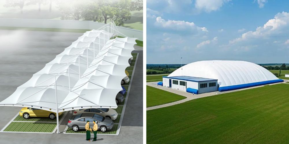 Air-supported membrane buildings and tensile membrane structures